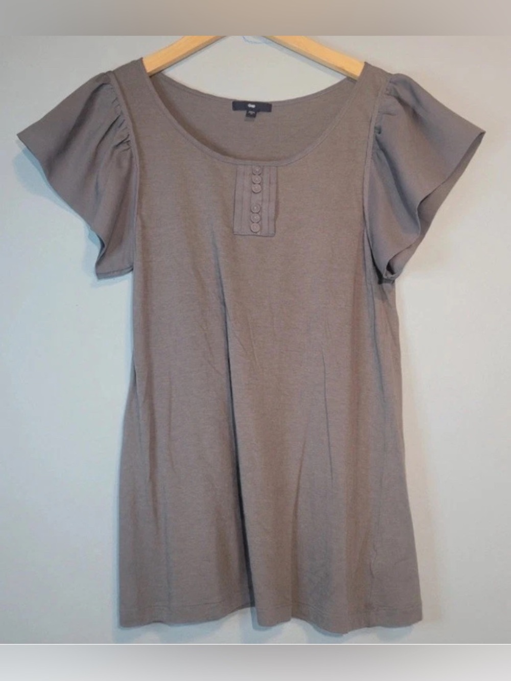 Gap Womens M Taupe Mixed Media Ruffle Flutter Sleeve Scoop Neck T-Shirt Top